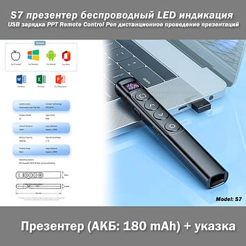 S7 презентатор бездротовий LED індикація USB заряджання PPT Remote Control Pen дистанційне проведення презентацій