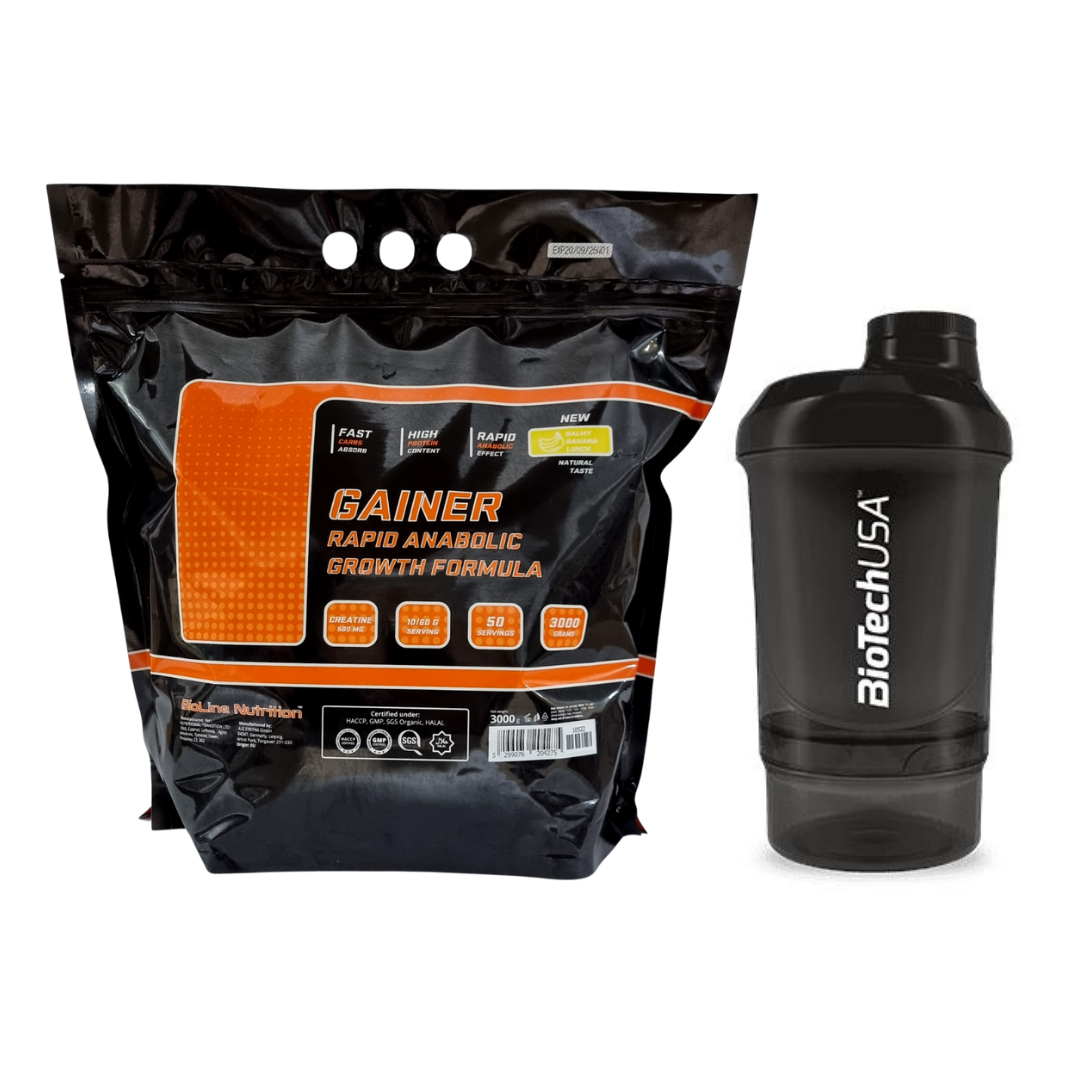 Gainer Гейнер для набору маси з креатином смак банан 3 кг Bioline Nutrition + Шейкер, фото 1
