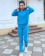 Спортивный костюм женский однотонный из двунитки темно голубой костюм худи с капюшоном для девочки 40-42 разме