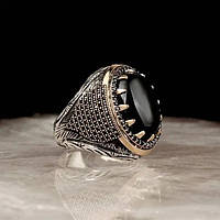 Уникальное мужское кольцо с черным большим камнем размер 23