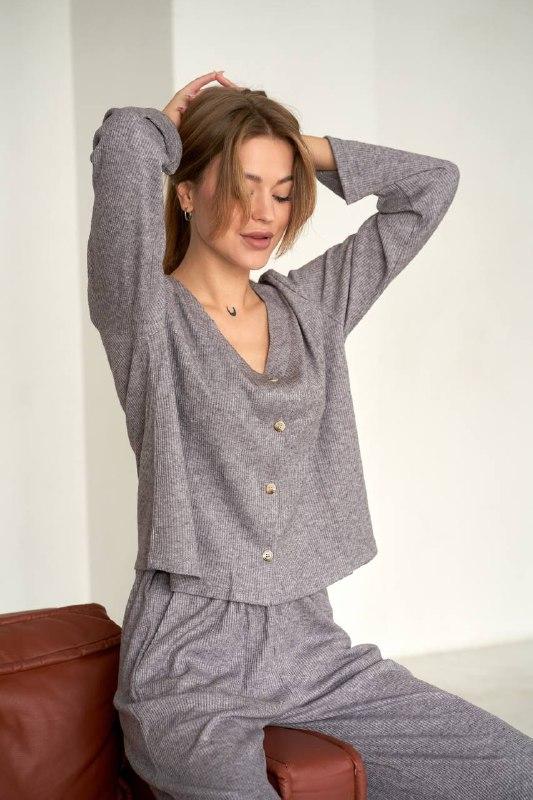 Костюм для дому штани та сорочка Ангора Рубчик L Сірий