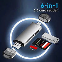 Кардридер Multifunction 6 в 1 Micro USB OTG/USB 2.0/Type-C to TF/SD/USB 366 Чорний