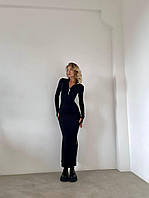 Приталенное молодежное стильное чёрное женское платье макси термо ткань с молнией на груди и разрезом на ноге