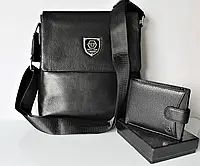 Чоловічий подарунковий набір: шкіряна сумка і гаманець Philipp Plein Black