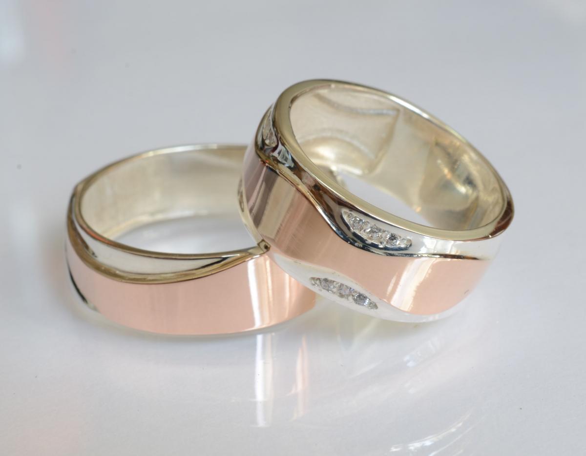 Пара обручок зі срібла з золотими пластинами, фото 1