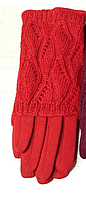 Модные двойные зимние женские перчатки с митенками ажурной вязки красный