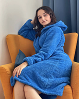 Женский домашний халат с капюшоном, Махровый халат синего цвета с карманами