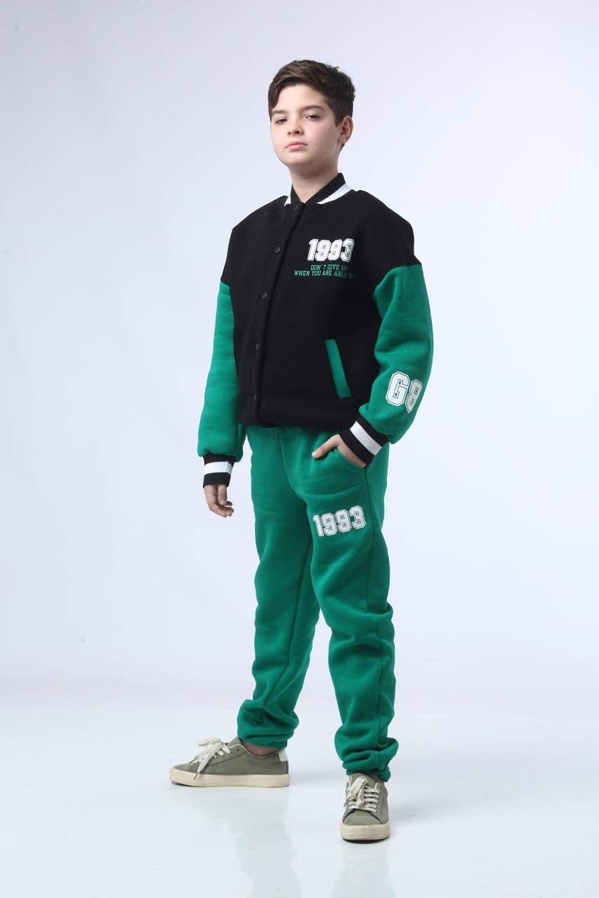 Дитячий теплий спортивний костюм на флісі бомбер і штани зелений для хлопчика дівчинки підлітка утеплений