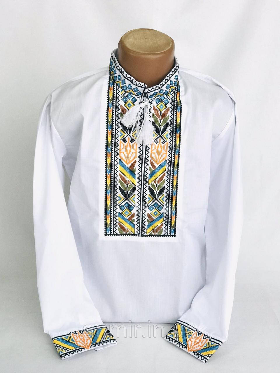 Вишиванка підлітковий комір-стійка на зав'язках ТРЕЗУБ поплін для хлопчика 13-16 років, білого кольору