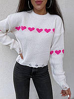 Вязаный свитер женский с принтом сердечки и рваными краями (р. 42-46) 9KF3308