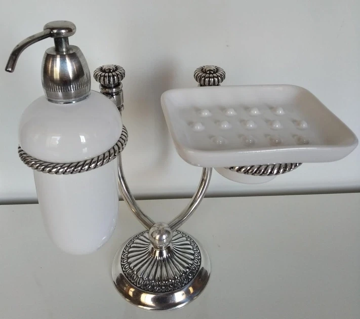 Стійка з диспенсером для рідкого мила та мильницею із срібної латуні Stilars Італія 141640 (27х24см)