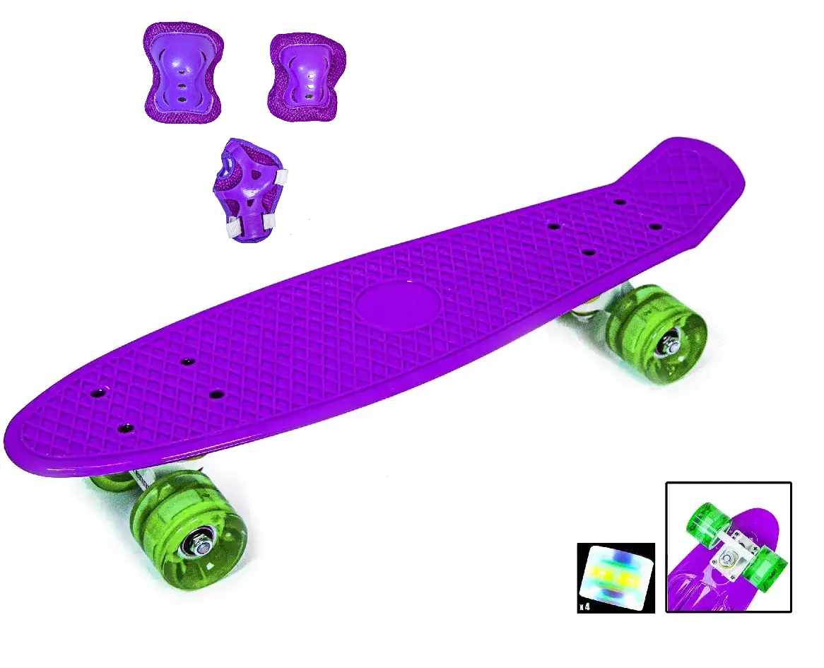 Набір скейтборд Penny Board. VIOLET + захисне екіпірування. Колеса світяться під час катання!