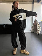 Женский спортивный костюм на двухстороннем флисе черный (бежевая вставка) 082 LO