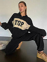 Женский спортивный костюм на двухстороннем флисе черный (бежевая вставка) 44-46