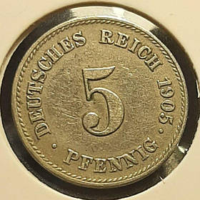 Монета Німеччина 5 пфенігів, 1905 року,  Мітка монетного двору "J" - Гамбург