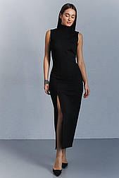 Жіноче чорне плаття міді без рукава з розрізом від стегна в розмірі М