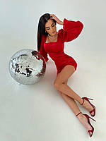 Женское стильное базовое шелковое вечернее мини платье из атласной ткани с длинным рукавом шелк армани Красный, 44/46