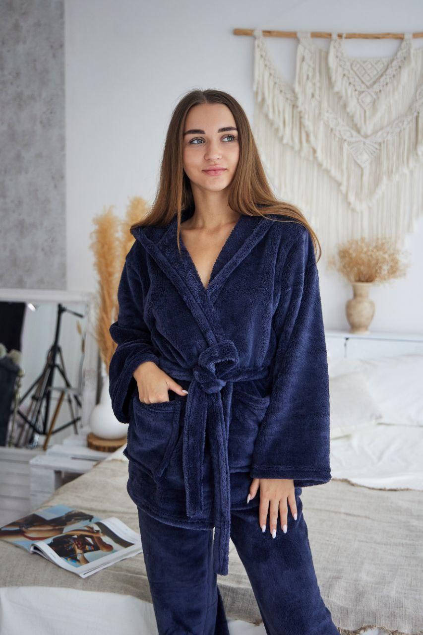 Жіночий домашній МАХРОВИЙ комплект КІМОНО жакет зі штанцями ТОМІКО СИНІЙ 9016, фото 1