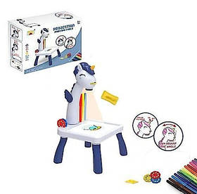 Проектор для малювання зі столиком "Єдиноріг" синій, 3 диски, 12 фломастерів, підсвічування, 21х19х31 см (2200-8)