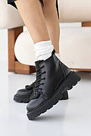 Женские зимние черные ботинки на шнурках и молнии . Утепленные черные женские кожаные ботинки