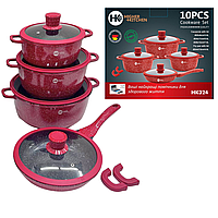 Набор кастрюль и сковорода с гранитным антипригарным покрытием Higher Kitchen HK-324 красный 10 предметов