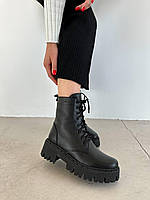 Женские зимние черные ботинки на шнурках и молнии. Утепленные женские кожаные ботинки на меху