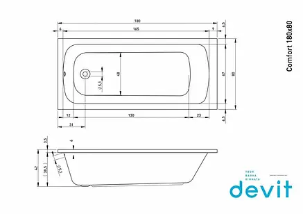 Ванна акрилова Devit Comfort 18080123 180х80 см з ніжками, фото 2