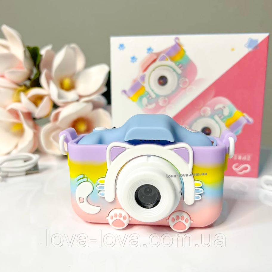 Детский цифровой фотоаппарат на две камеры Children's fun Camera Cute Kitty в чехле в виде котика "rainbow"