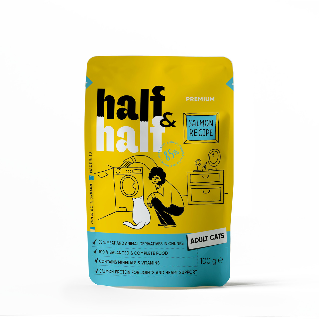 Упаковка вологого корму для котів у шматочках з лососем у желе Half&Half 22 шт*100 г, фото 1