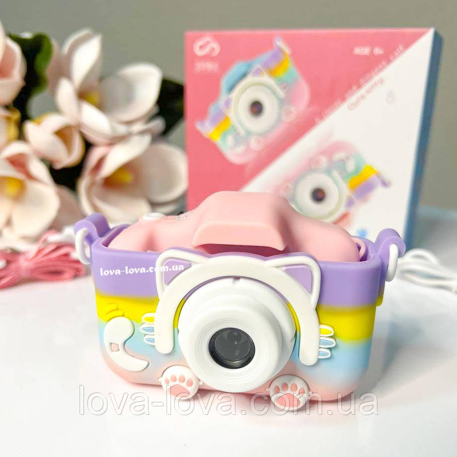Детский цифровой фотоаппарат на две камеры Children's fun Camera Cute Kitty в чехле в виде котика "rainbow"