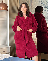 Мягкий махровый халат бордового цвета, Длинный халат с карманами для дома 50