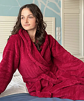 Мягкий махровый халат бордового цвета, Длинный халат с карманами для дома 52