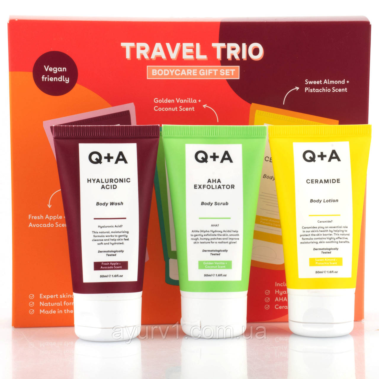 Набір для тіла Q+A Travel Trio (гель для душу Hyaluronic Acid, 50 мл + скраб AHA Exfoliator, 50 мл + лосьйон Ceramide, 50 мл)