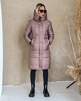 Женская теплая удлиненная зимняя куртка - пальто с капюшоном Размеры 42, 44,46,48 бежевая (мокко)