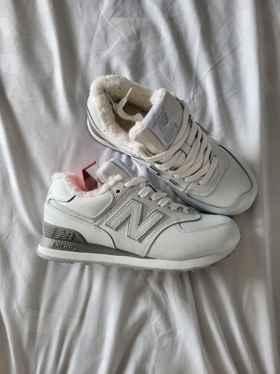 Кросівки жіночі зимові New Balance 574 White білі на хутрі, фото 1