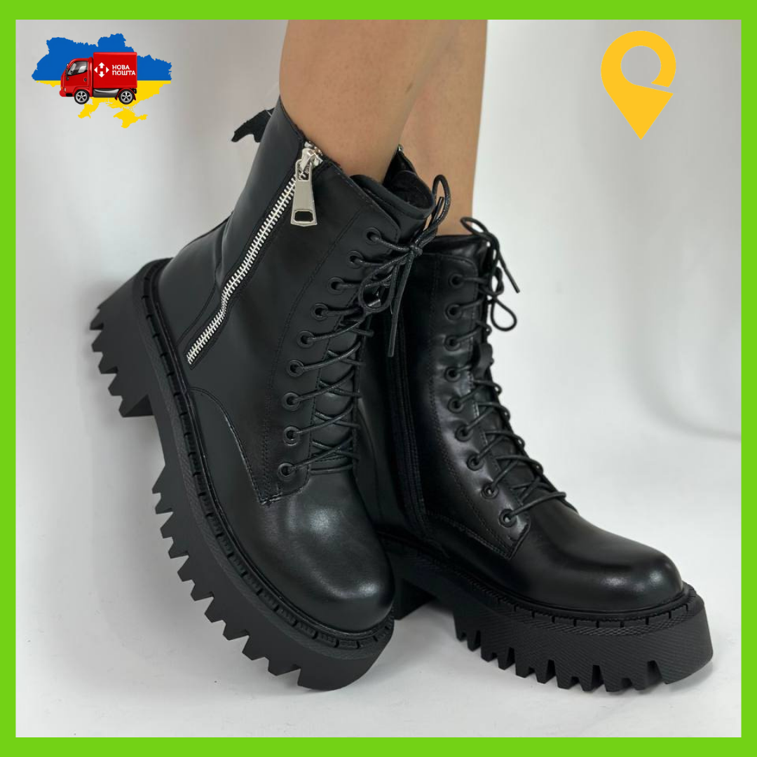 Зимові жіночі шкіряні черевики чорні на шнурівці та блискавці