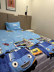 Тканина бязь ширина 220 см для пошиття постільної білизни з дитячим малюнком "Автобус, машини"