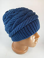 Вязаная женская зимняя шапка двойная Объемные красивые шапки осень зима Синяя