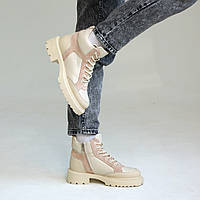 Ботинки женские кожаные ботинки на зиму с мехом Бежевые Adwear Черевики жіночі шкіряні ботінки на зиму з