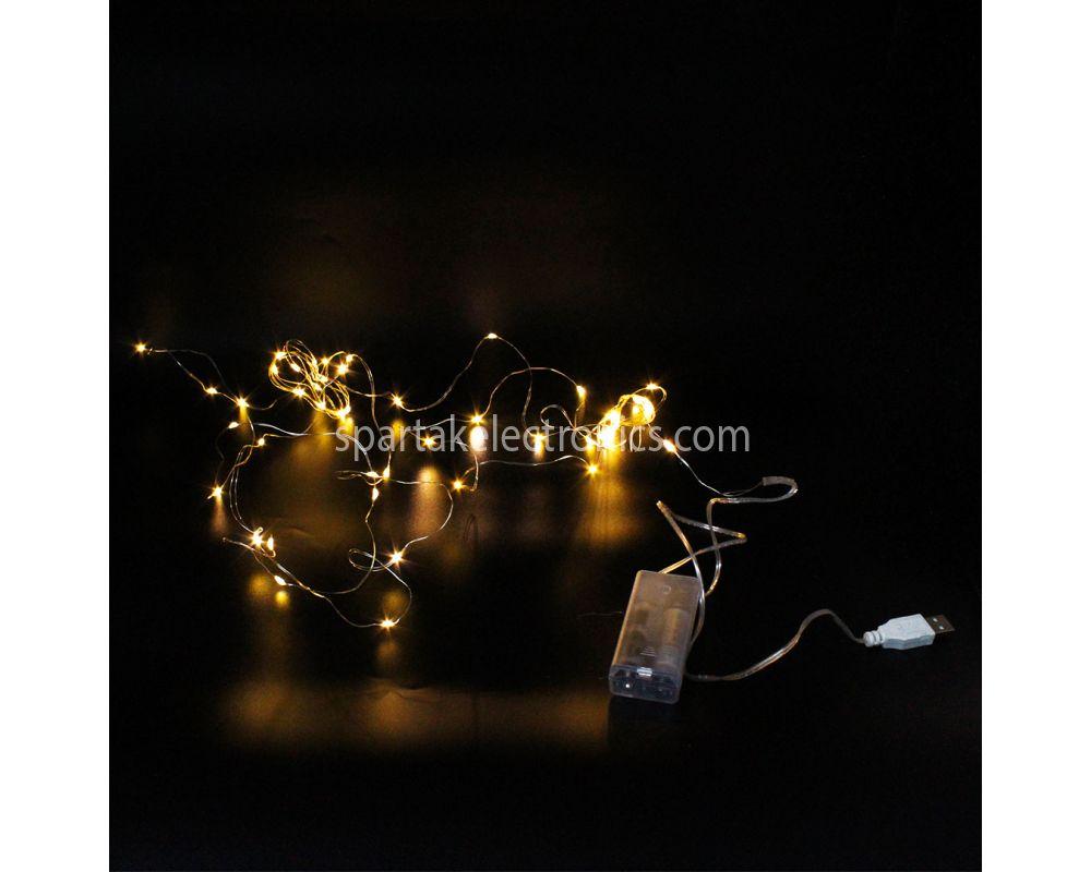 Xmas гірлянд 50 Led 5M на мідному дроті (Крапля роси) WW WARM W працює від батарейок+USB (300)