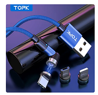 Магнитный зарядный кабель 3 в 1 Кабель для зарядки телефона TOPK 2м угловой синий