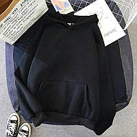 Теплое женское оверсайз худи с капюшоном на флисе черного, белого, бежевого, серого цвета 46/48, Черный