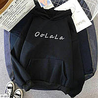 Женское худи оверсайз с капюшоном на флисе (с надписью OoLaLa), 42-44 и 46-48 размеры 46/48, Черный