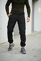 Чоловічі утеплені чорні повсякденні штани із софтшелу, теплі чоловічі комфортні чорні штани на зиму.