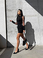 Жіноче приталене чорне плаття з довгим рукавом із сіточки в горошок; розмір: 42-44, 46-48