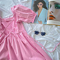 Женское воздушное коттоновое платье мини, свободного кроя, с завязками на спине Розовый