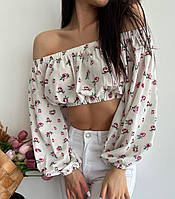 Женская стильная блузка/топ с обьемным рукавом в цветочный принт Белый