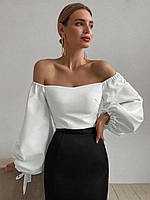 Женская однотонная стильная блуза с длинным обьемным рукавом на резиночках (черный, белый) Белый, 42/44