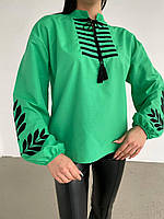 Женская стильная блуза на завязке с вышивкой с длинным обьемным рукавом (черный, белый, малина) Зеленый, 42