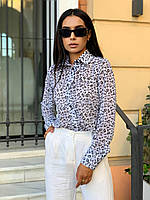 Леопардовая легкая свободная шифоновая женская блузка рубашка; белый, коричневый 46-48, Черный